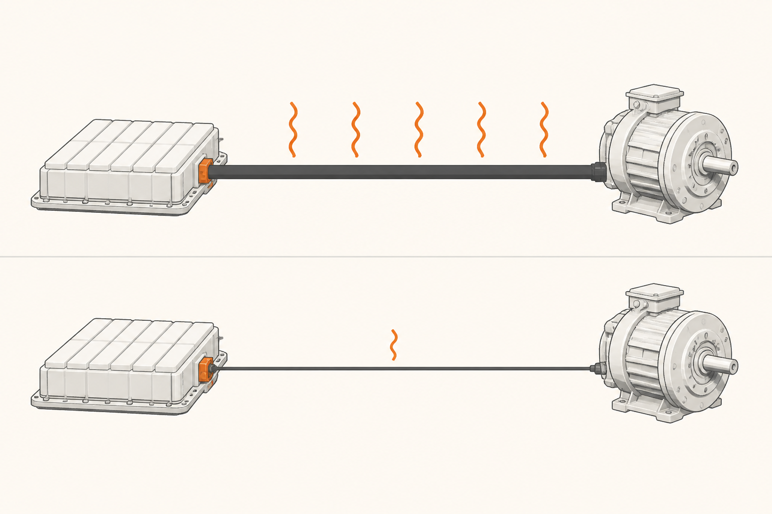 Comparativa visual de dos sistemas: arriba 400V con cable grueso entre batería y motor y muchas señales de calor saliendo del cable; abajo 800V con cable mucho más fino y solo una pequeña señal de calor